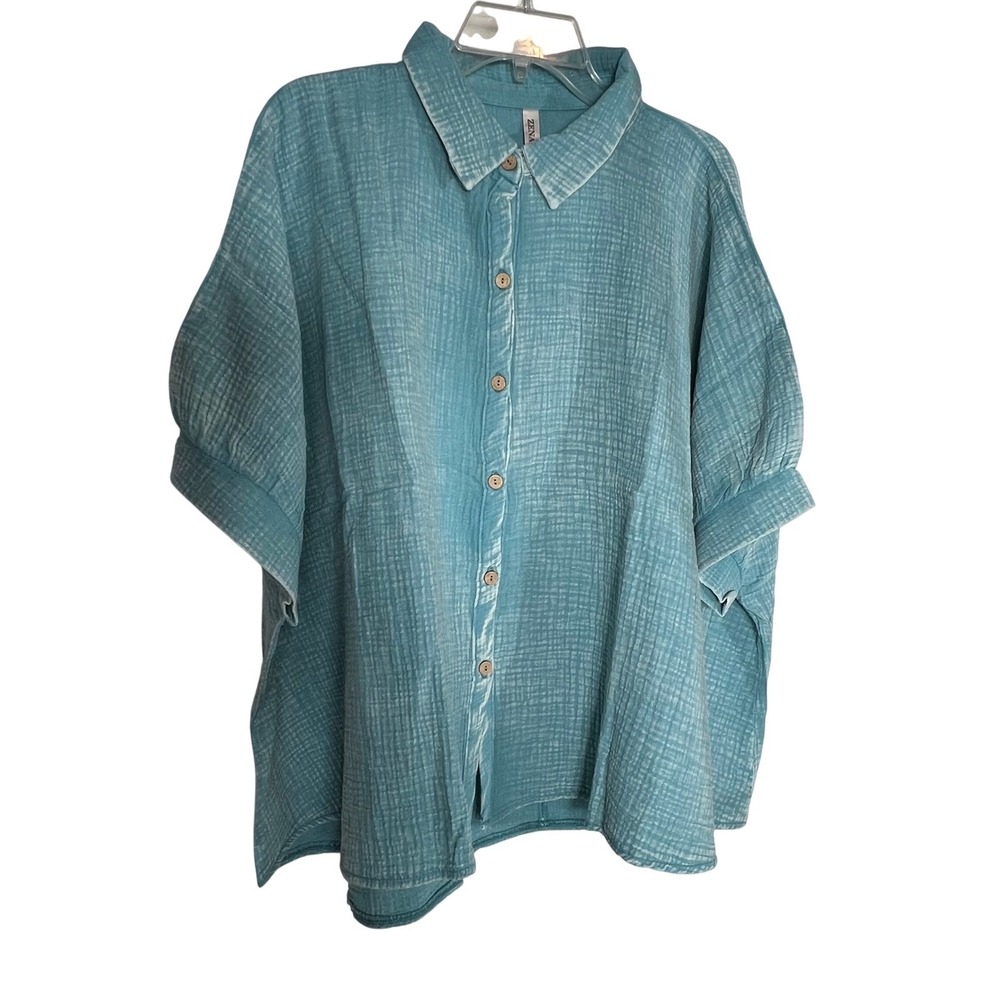 Zenana Turquoise Cotton Gauze Oversized Button Down Shirt Boxy‎ S/M